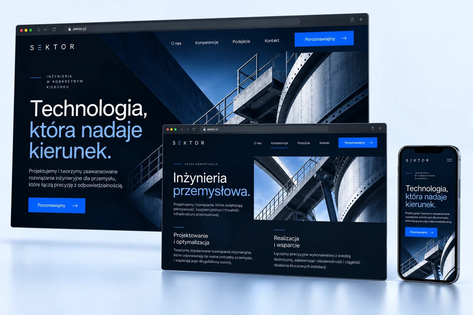 Przykładowa strona SEKTOR: strona główna, podstrona usługi i podgląd na telefonie.