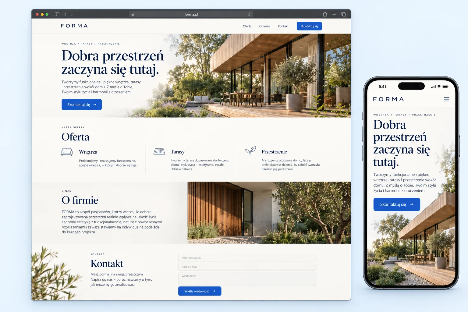 Przykładowa strona fikcyjnej firmy FORMA z czterema sekcjami: wstęp, oferta, o firmie i kontakt, oraz podgląd na telefonie.