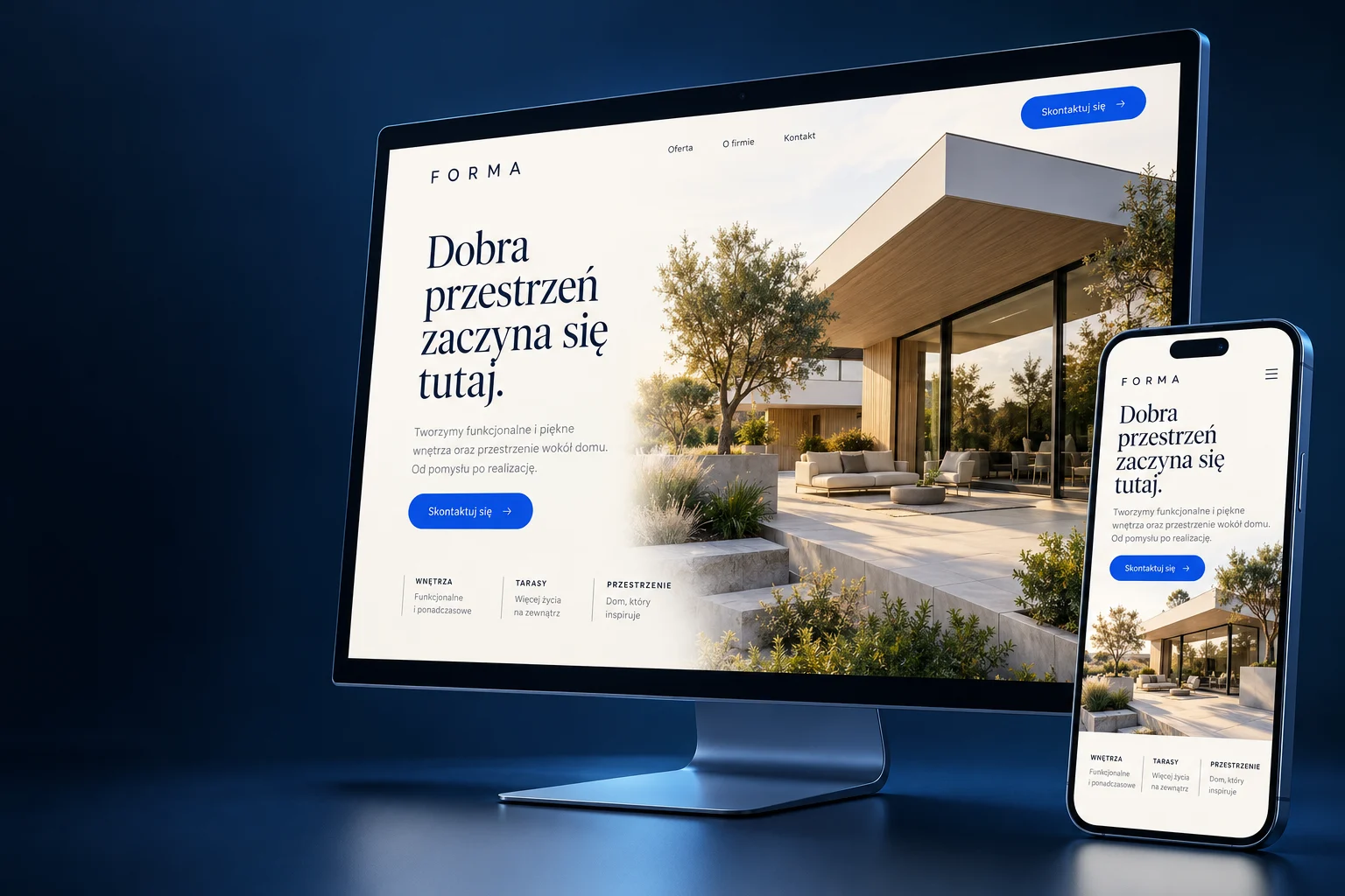 Przykładowa strona fikcyjnej firmy FORMA na komputerze i telefonie.