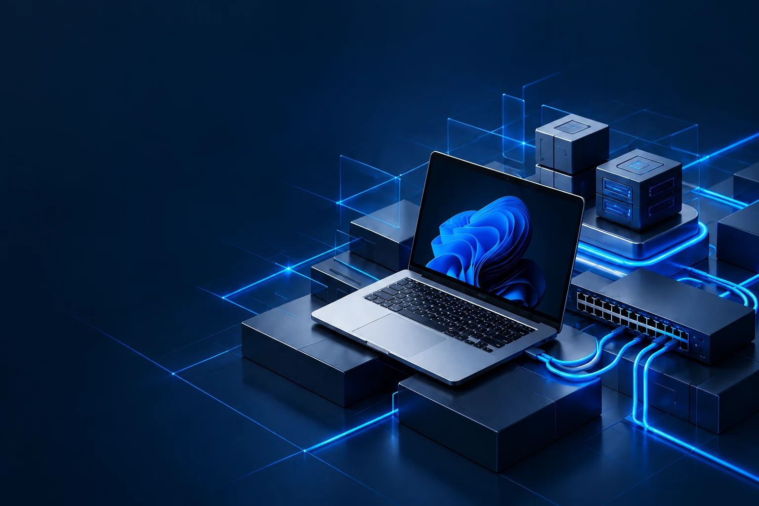 Ilustracja koncepcyjna AI: laptop, urządzenie sieciowe i połączenia infrastruktury IT.